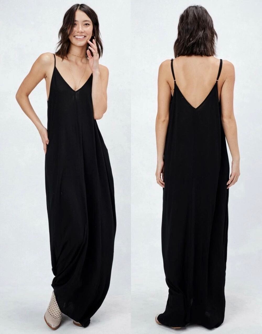 LOVE STITCH Black Gauzy Mila Cocoon Maxi Dress w/ Pockets Boho Slouchy M/L